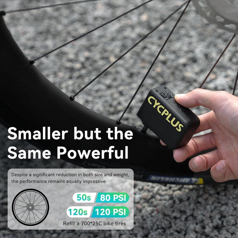 CYCPLUS AS2 Ultra Tiny Bicycle Pump with Gauge, Max 120 PSI Electric Mini Pump, Auto Stop, with Presta and Schrader Valve for E-Bike, MTB, and Road Bike AS2 Ultra (3.06oz) - Image 4